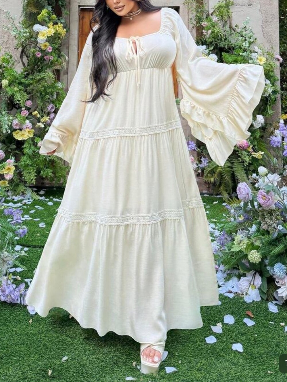 Boho Ivory Maxi Dress with Bell Sleeves